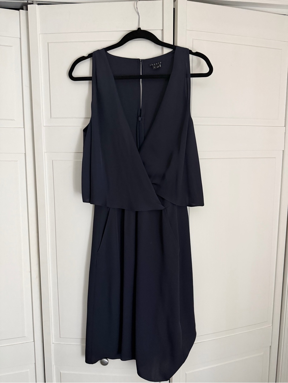 Theory Navy Silk Sleeveless Faux-Wrap Midi Dress